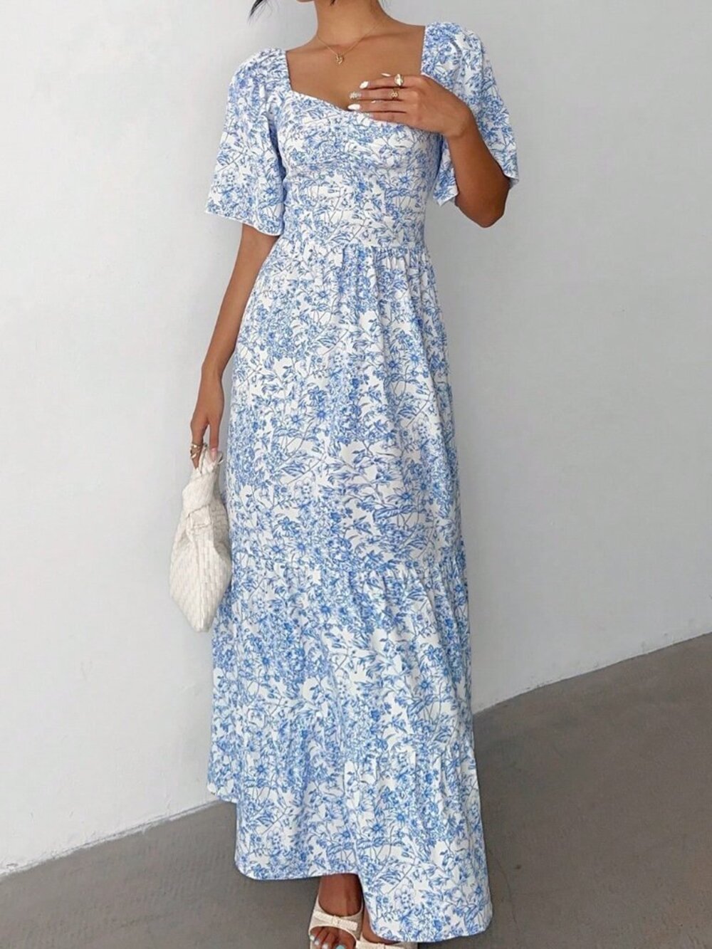 Baby Blue Boho Women's Short Sleeve Vacation Beach Music Festival Floral Dress - Picture 6 of 7